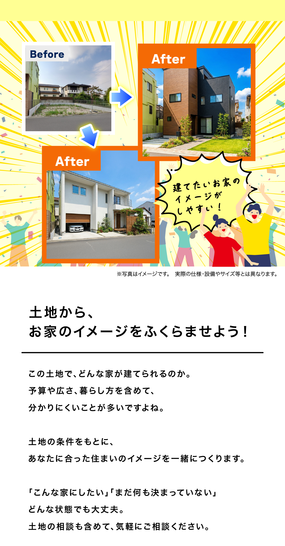 土地から、
お家のイメージをふくらませよう！
この土地で、どんな家が建てられるのか。
予算や広さ、暮らし方まで考えると、
分かりにくいことが多いですよね。
土地の条件をもとに、
予算やご希望を整理しながら、
あなたに合った住まいのイメージを一緒につくります。
「こんな家にしたい」
「まだ何も決まっていない」
どちらでも大丈夫です。
土地の相談も含めて、
まずは話を聞くところから、
気軽にご相談ください。